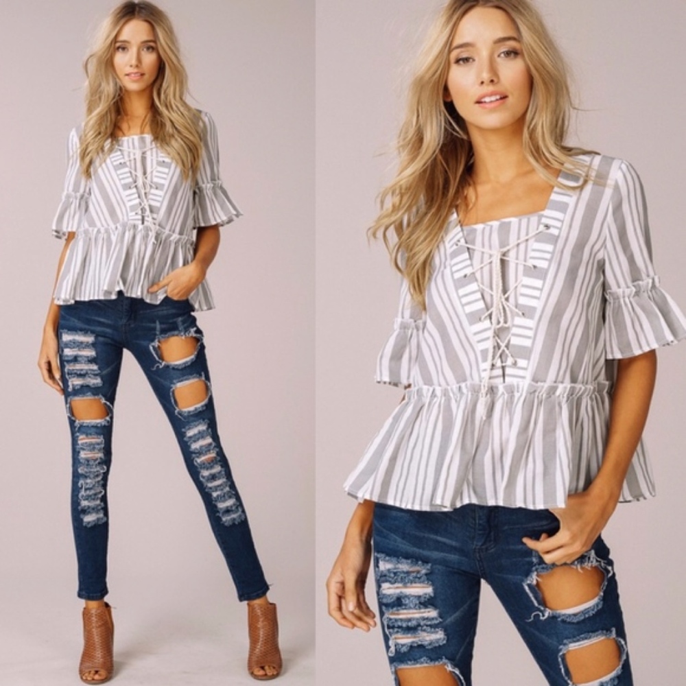 TRACEE Lace up Top - Grey    - Picture 3 of 3